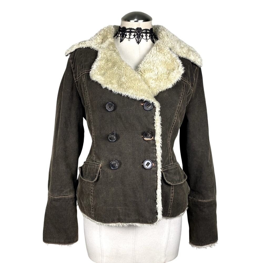 Vtg Y2K Vanity Corduroy Sherpa Lined Double Breasted Boho Jacket Coat Sz M